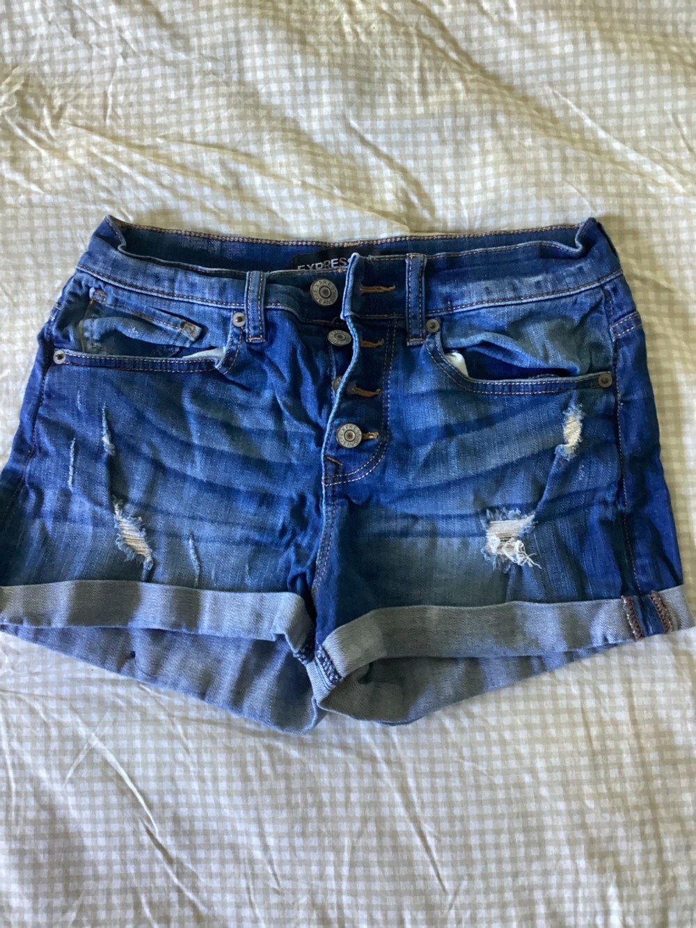Express Women's Distressed Dark Blue Denim Roll-Cuff Shorts